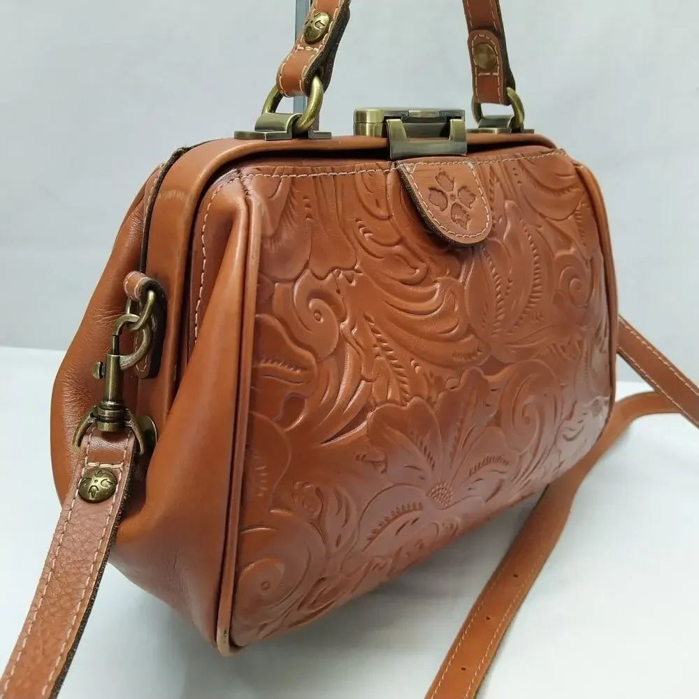 Patricia Nash Brown Leather Floral Pushlock Framed Closure Satchel Crossbody Bag